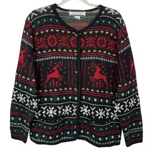 Vintage‎ Crystal Kobe Sweater Womens Medium Black Christmas Reindeer Cardigan